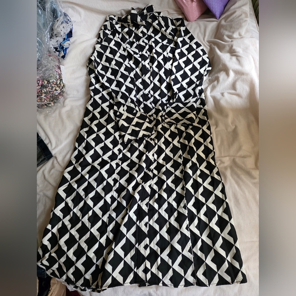 H&M Tie-belt shirt dress black & white Patternwd sz L bnwt - Picture 13 of 16